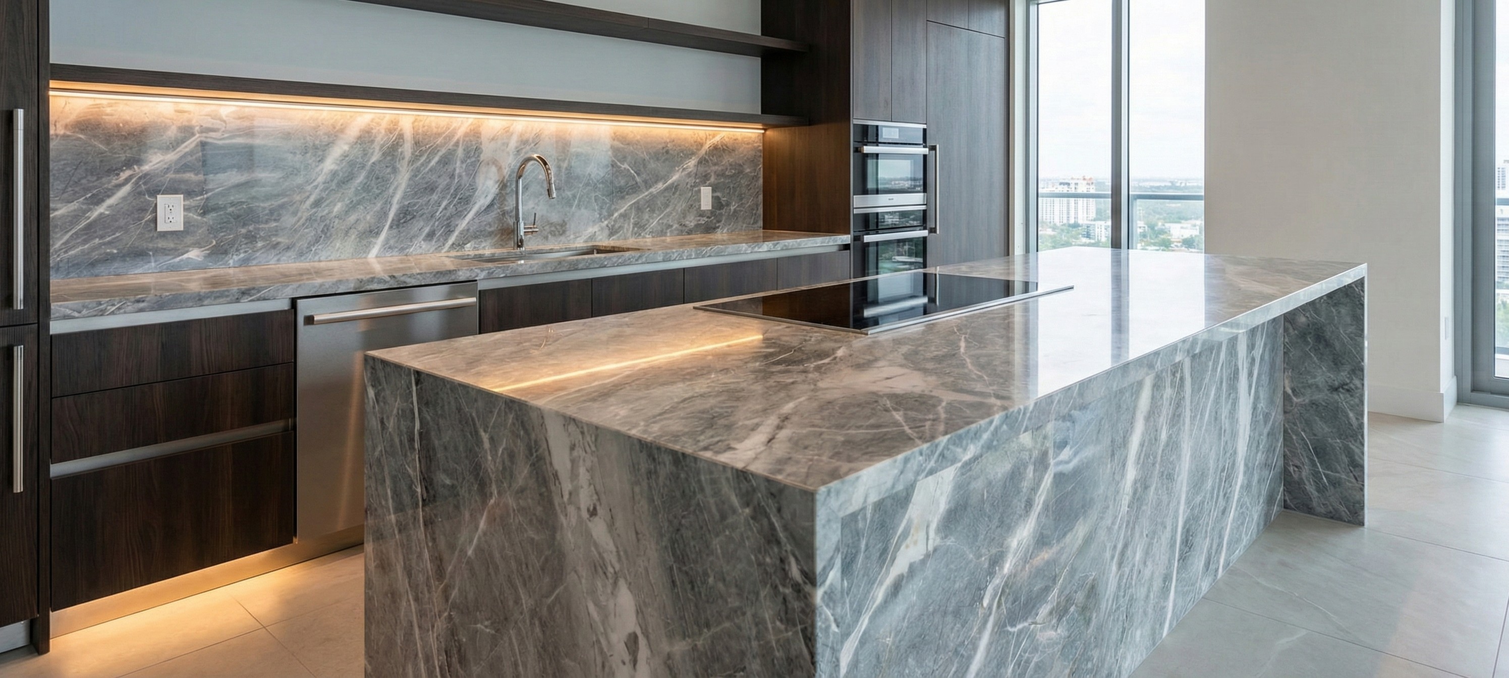 contemporary interior with Fior Di Pesco marble surfaces