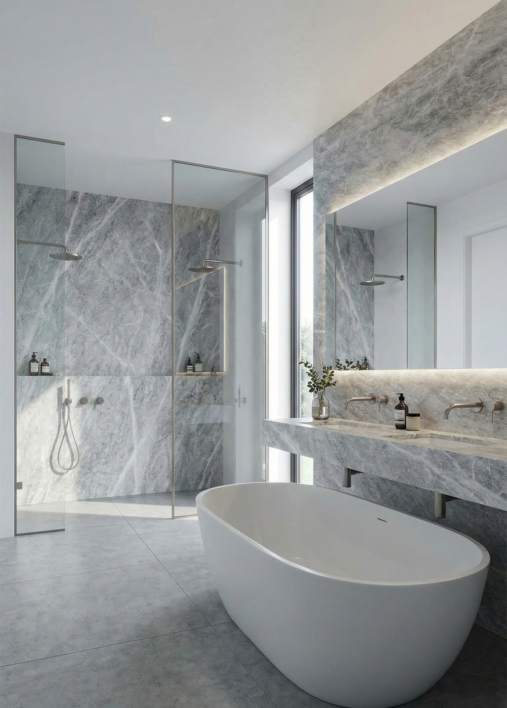 Nordic Grey marble flooring and wall cladding in bathroom interior