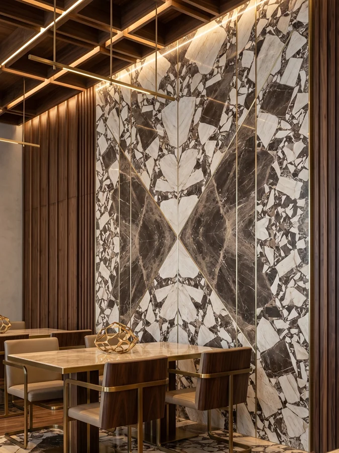 parete feature in marmo Breccia Nexus bookmatch con inserti in ottone in un interno dining di lusso