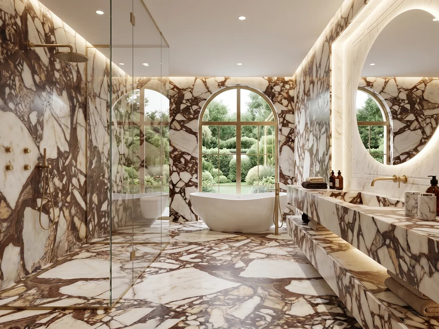 bagno di lusso con pareti, pavimento e doppio lavabo sospeso in marmo Breccia Nexus