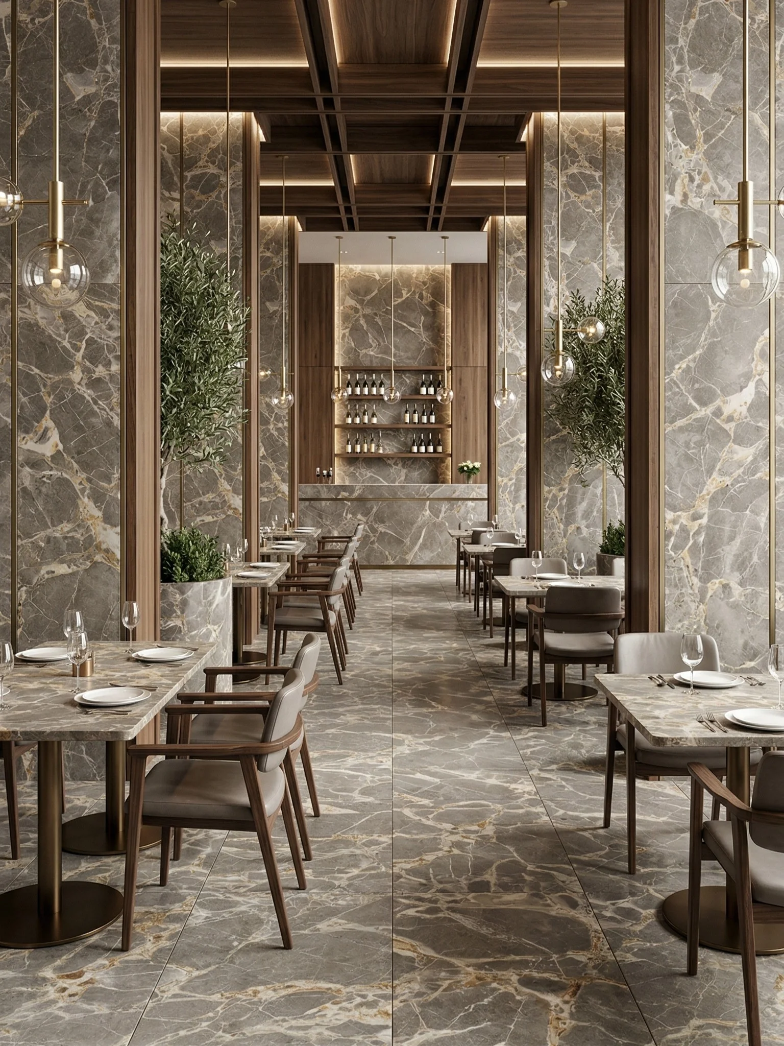 Caramel Grey marble flooring and wall cladding in warm contemporary interior