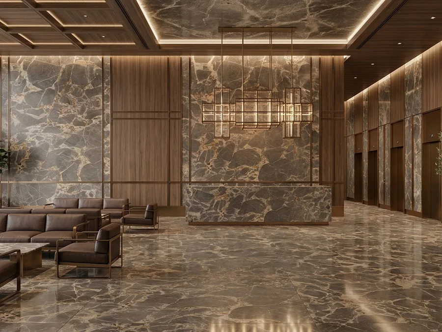 residential interior with Caramel Grey marble surfaces
