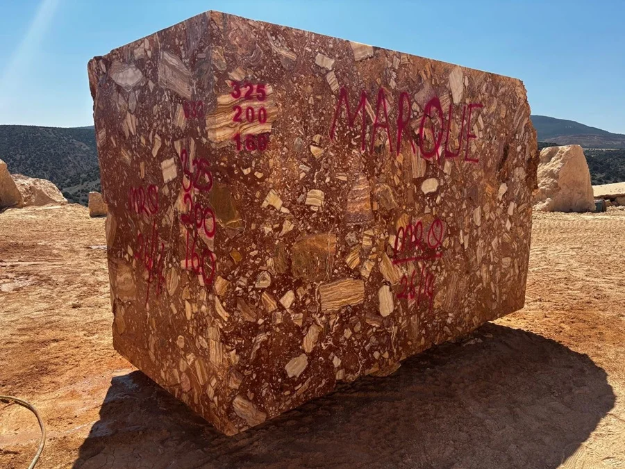 Ceppo Rosa marble quarry block from Turkey with warm brown dusty rose brecciated structure and cream ivory fragments