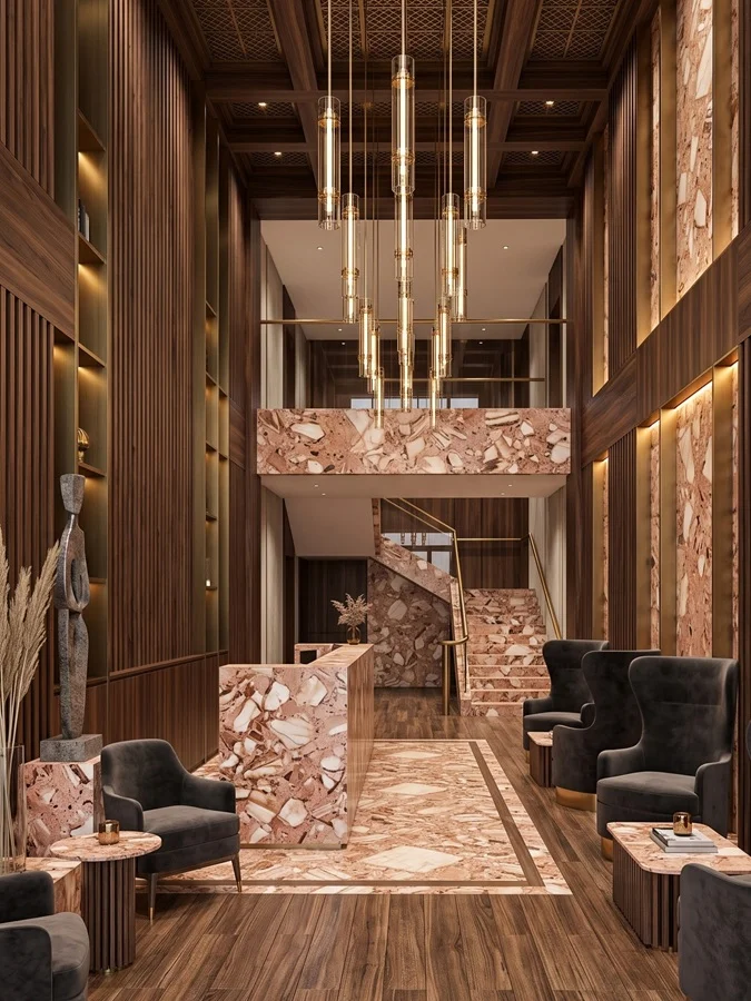luxury lobby interior with Ceppo Rosa marble reception desk, staircase, wall cladding and floor inlay