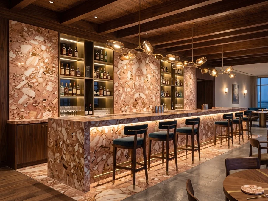 luxury bar lounge with Ceppo Rosa marble bar counter, feature wall cladding and floor inset