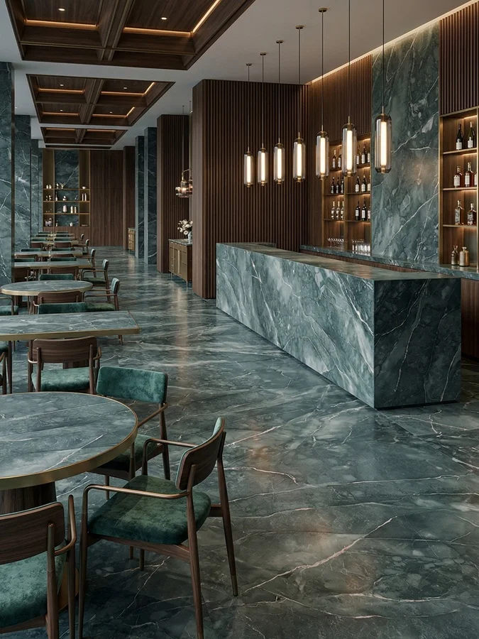 Deep Green marble flooring and wall cladding in serene bathroom interior