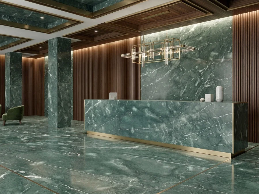 contemporary interior with Deep Green marble surfaces