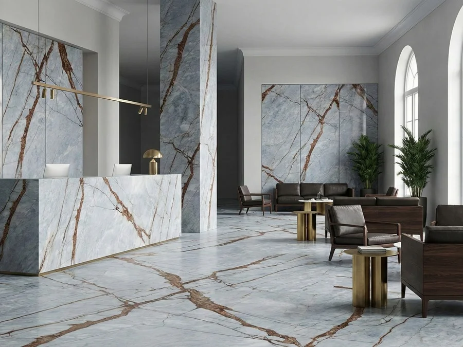 contemporary bathroom surface with Deep River marble