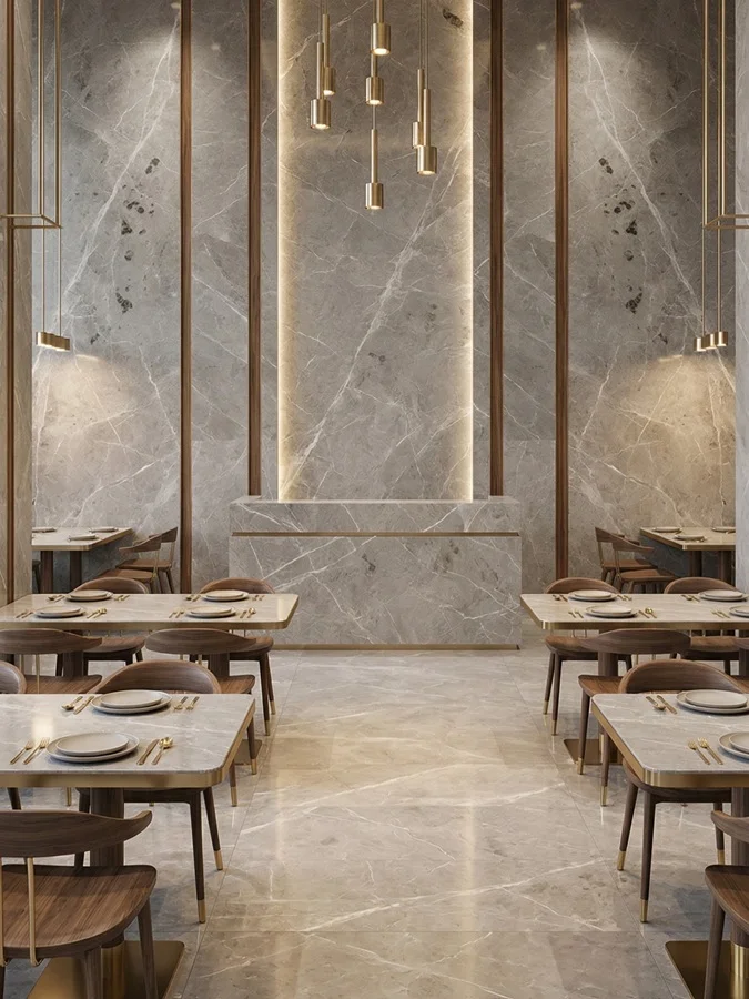 Fior di Bosco marble flooring and wall cladding in refined interior