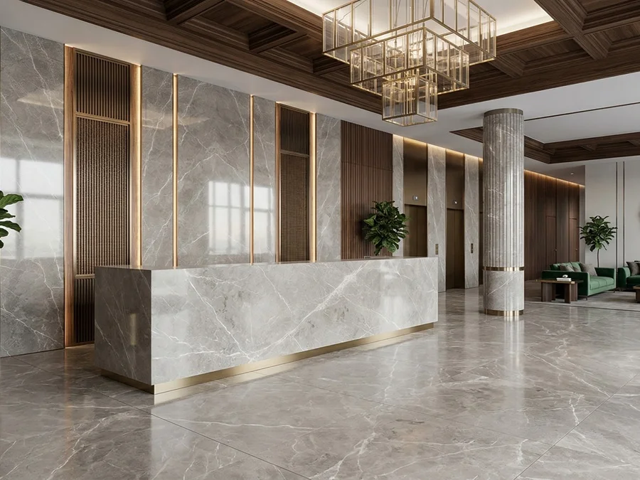 contemporary interior with Fior di Bosco marble surfaces