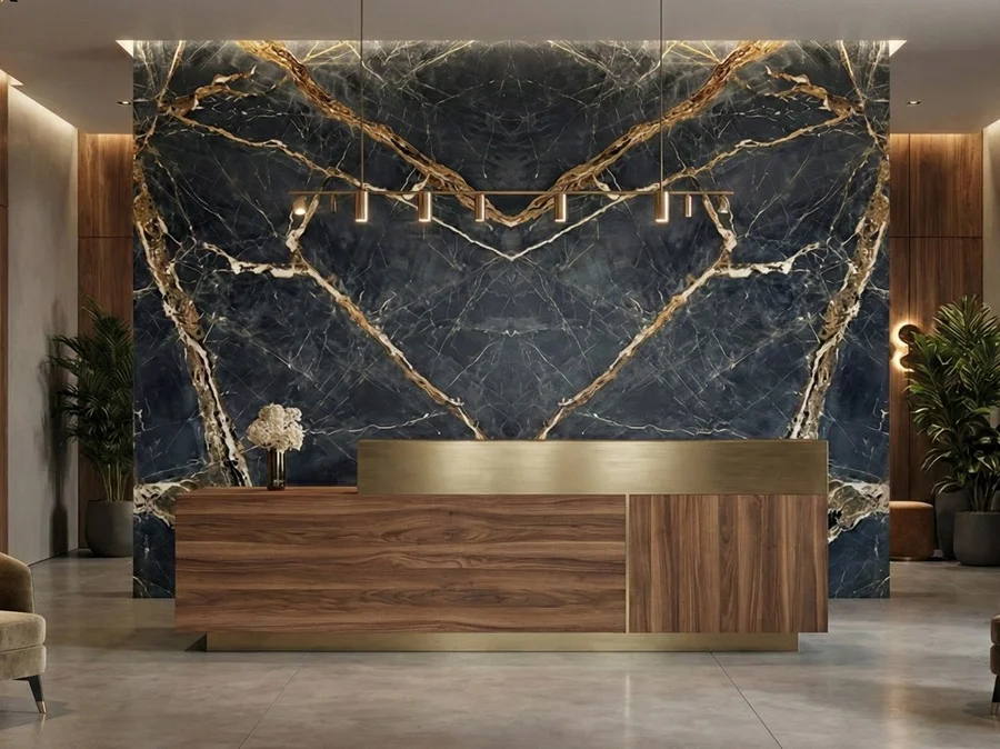 большой интерьер ресепшен с акцентными поверхностями из мрамора Golden Roots