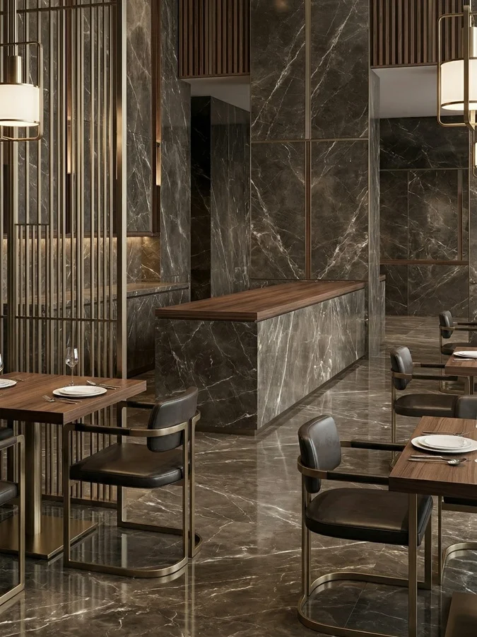 Latte Carisma marble flooring and wall cladding in refined interior