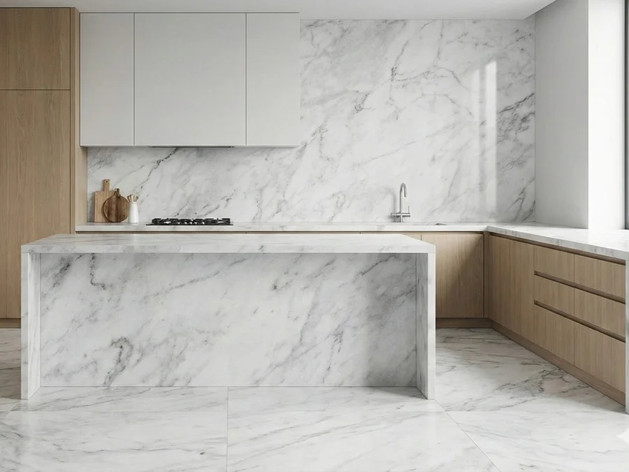 cocina moderna e interior residencial con superficies de mármol Mugla White