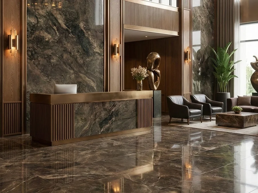 grande lobby hotel con superfici di accento in marmo Narcisse