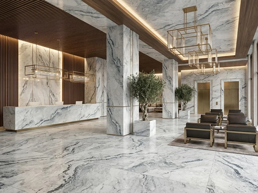 contemporary interior with Pandora White marble surfaces