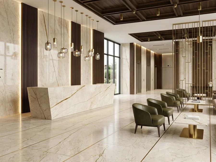 interno contemporaneo con superfici in marmo Sofita