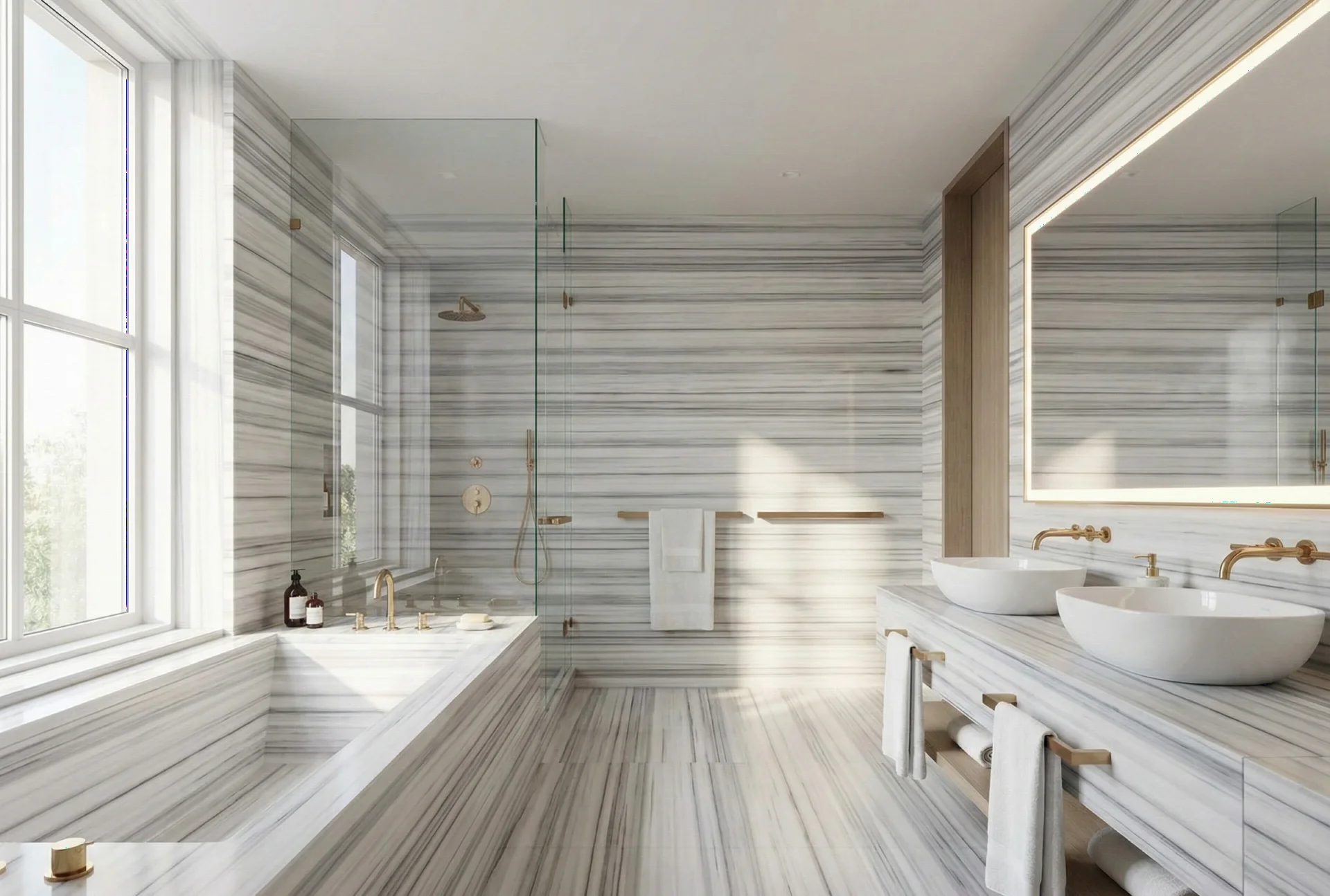 Interno bagno di lusso con marmo Striato Olimpico parete e pavimento