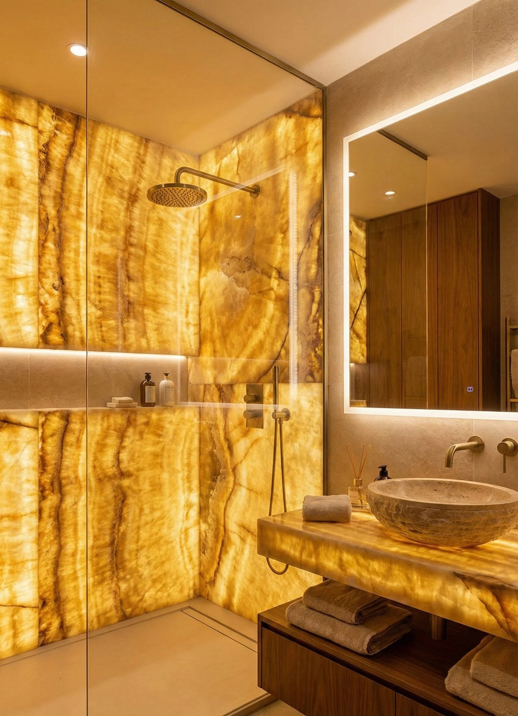 backlit Honey Onyx wall cladding application in interior