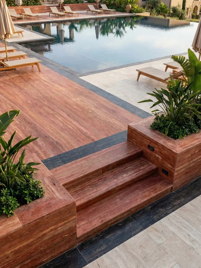 aplicación de pavimento exterior y zona de piscina con travertino Red