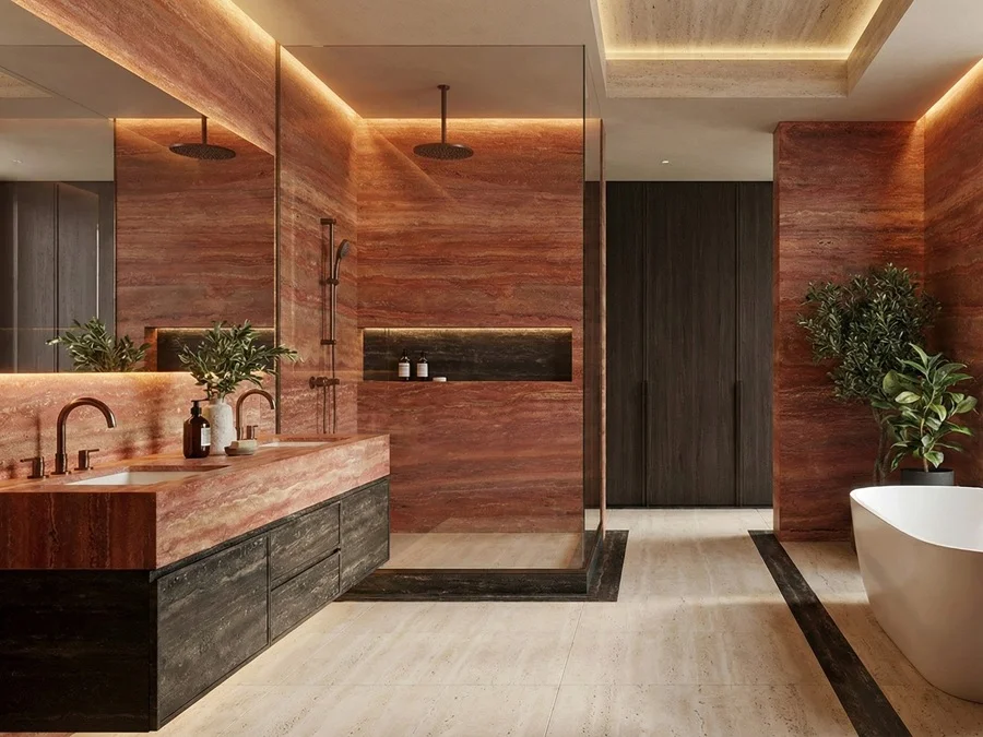 interior de baño de lujo con paredes y suelo de travertino Red