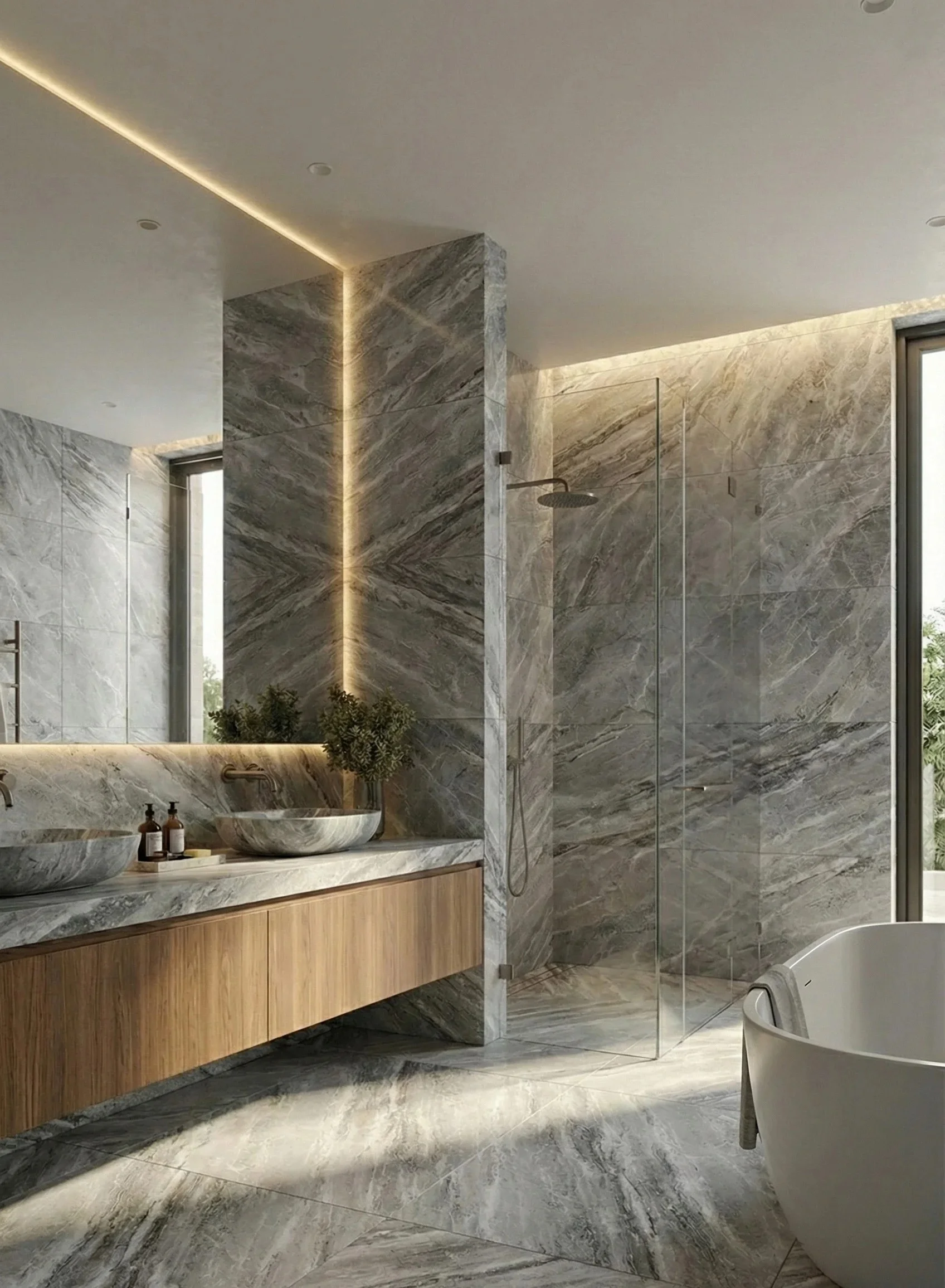 pavimento y revestimiento mural con Silver Travertine en interior arquitectónico