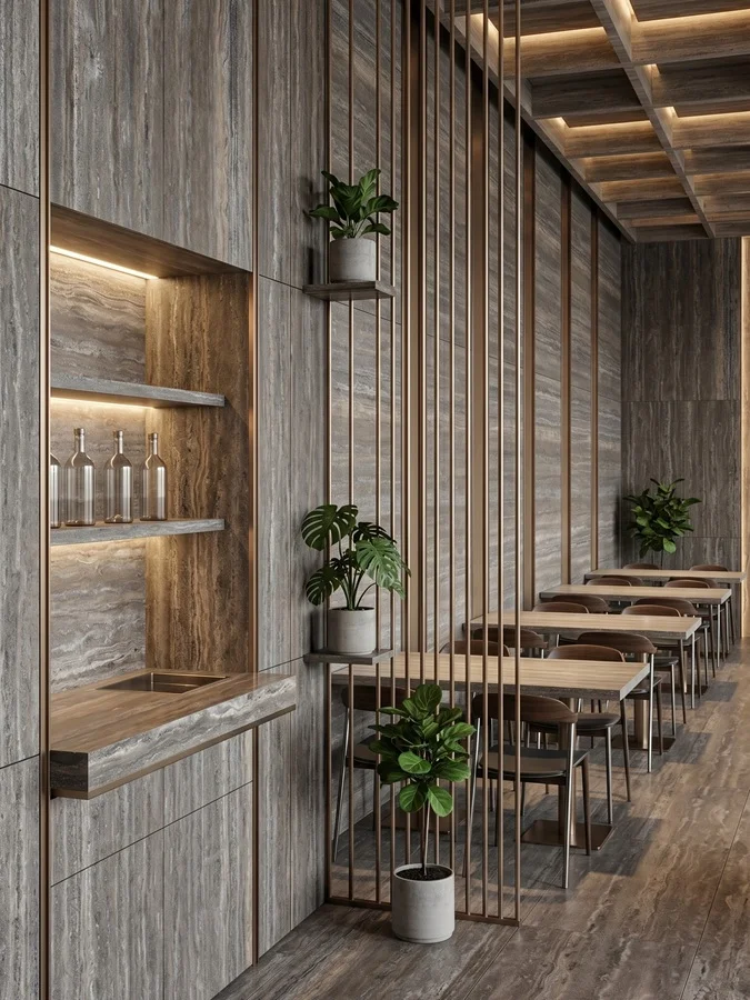 Titanium Travertine feature wall and spa interior application