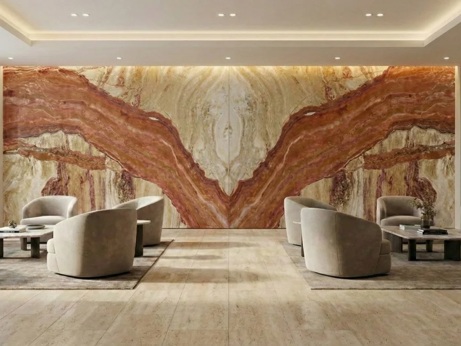 интерьер hotel lounge с акцентными поверхностями из травертина Tronco Ferrato